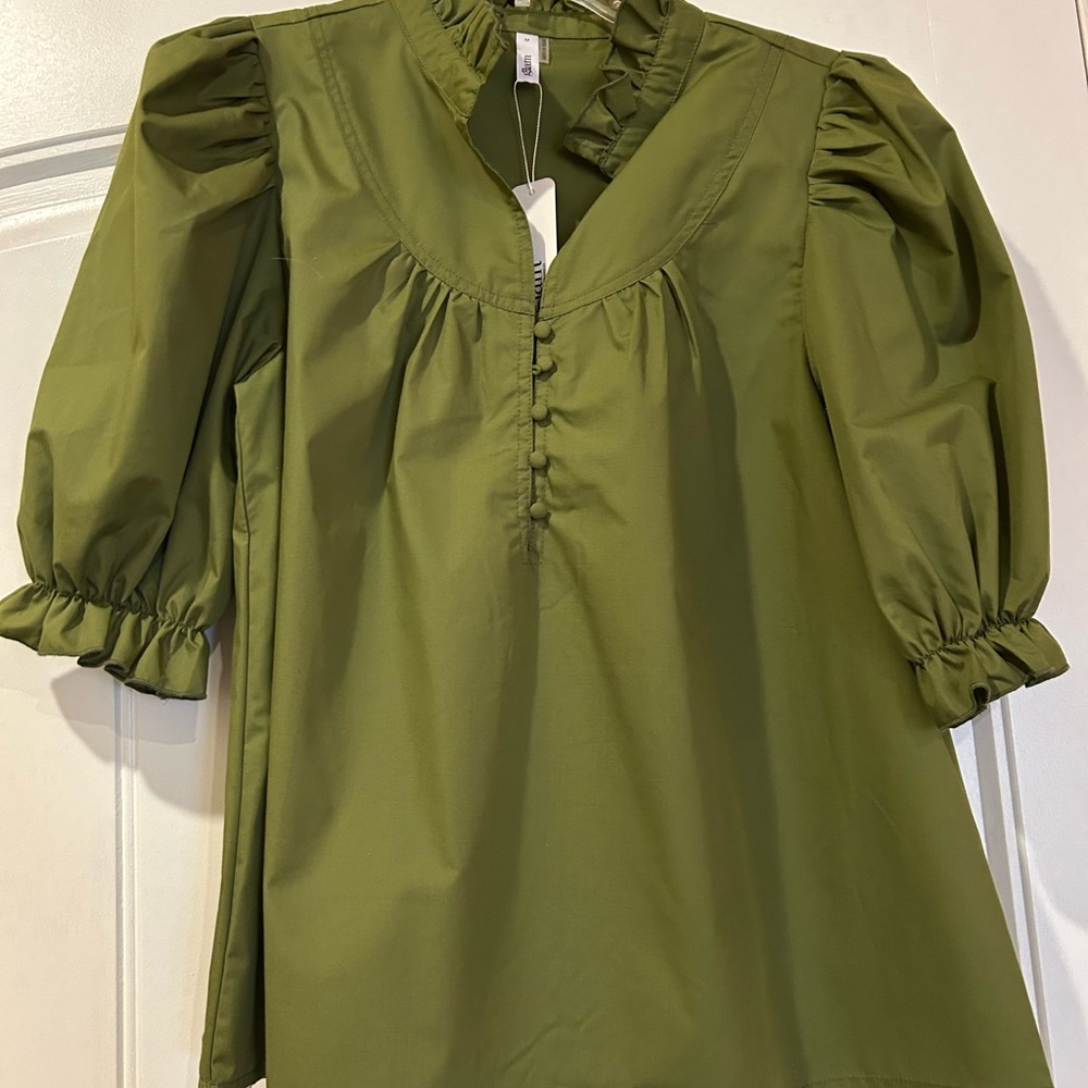 Glam Olive Green Puff Sleeve Blouse